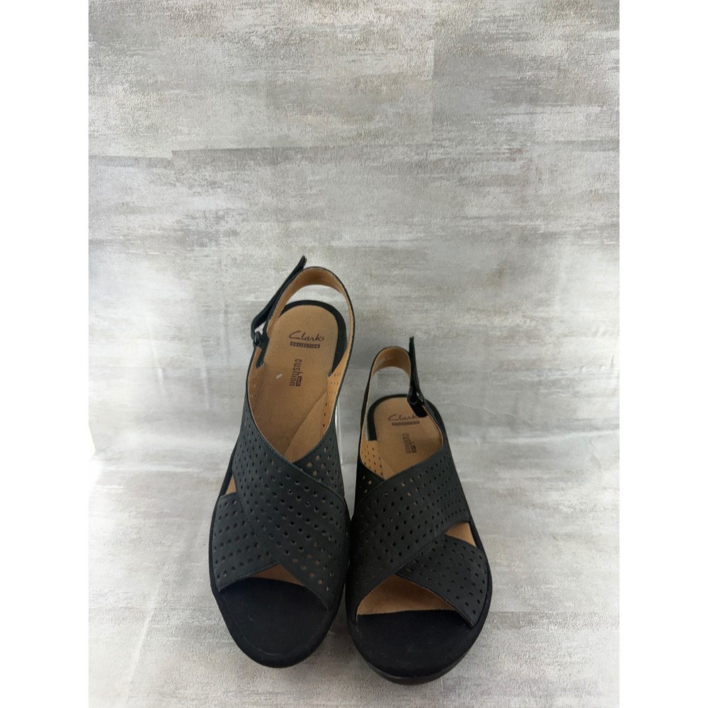 Clarks Collection Black Perforated Wedge Sandals Women Sz 8M Cushion Soft Shoes
